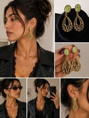 Gold Filigree Drop Earrings with Light Green Cameo Top
